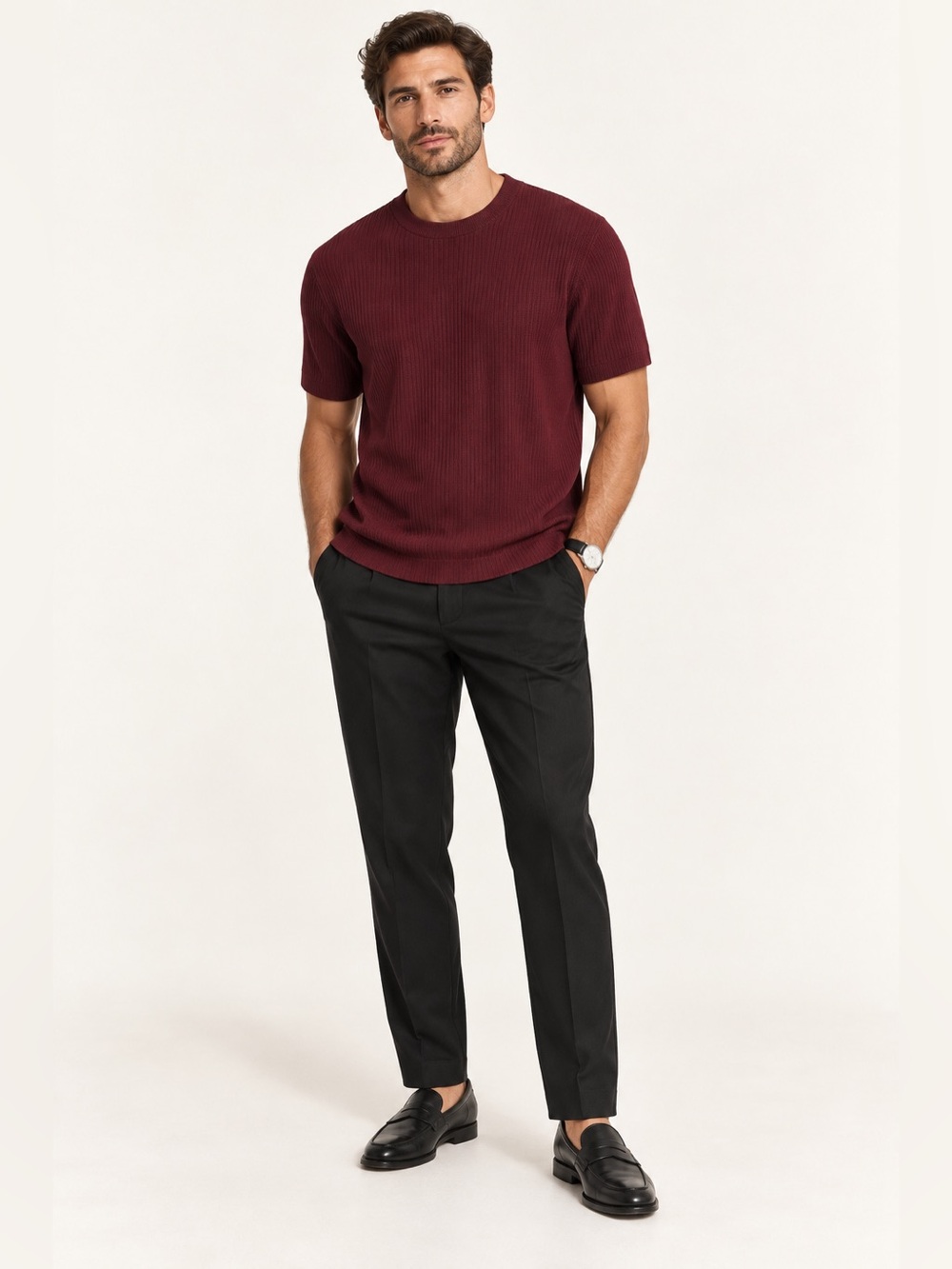 Zara Men’s Burgundy Ribbed Knit Short Sleeve Sweater Shirt NWT Size M